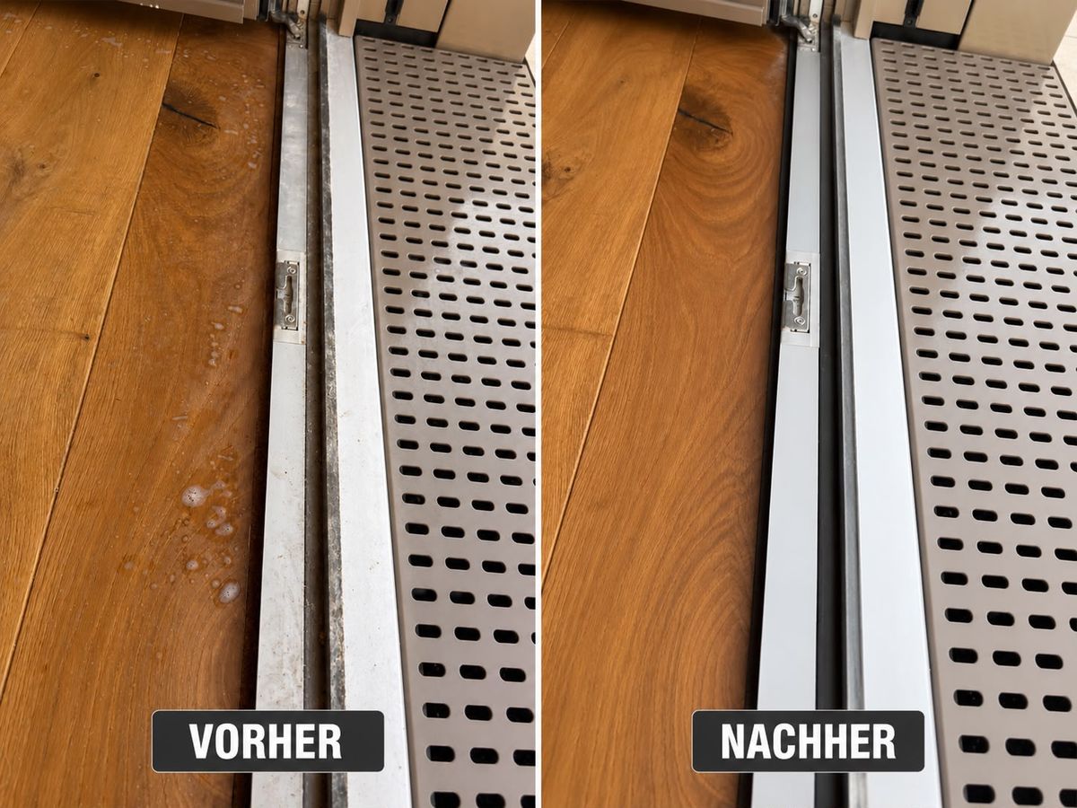 Parkett und Türschiene vor und nach der Reinigung